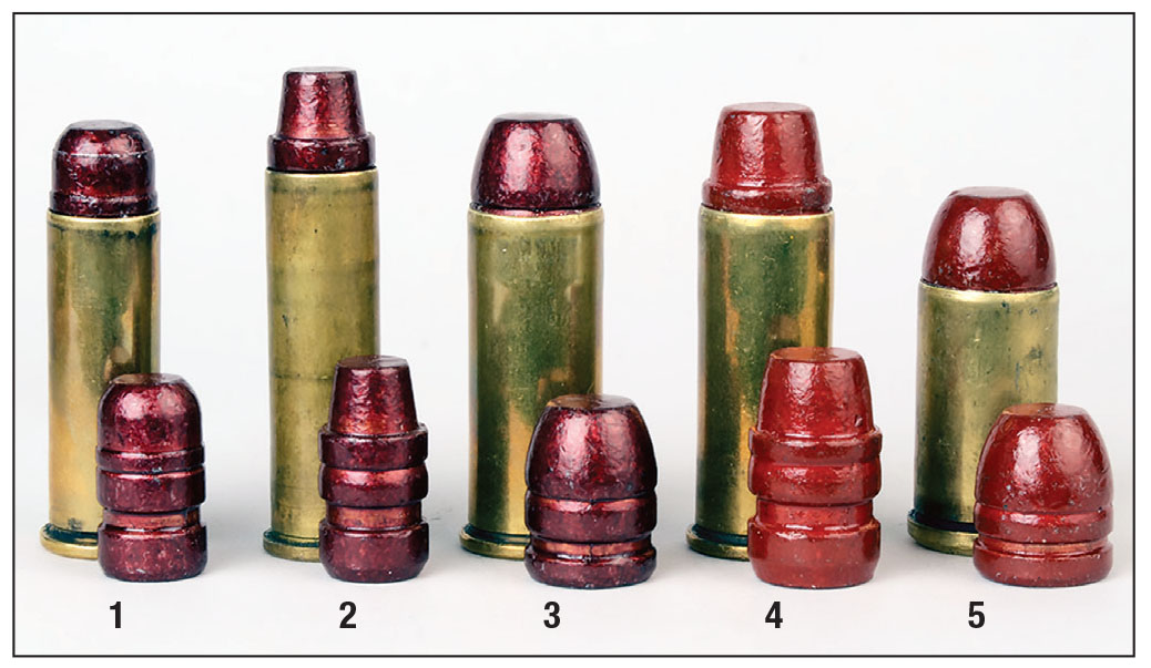 Rather new on the shooting scene are coated bullets like these by Missouri Bullet Company: (1) 38 Special, (2) 357 Magnum, (3) 45 Colt, (4) 44 Magnum and (5) 45 Auto Rim.